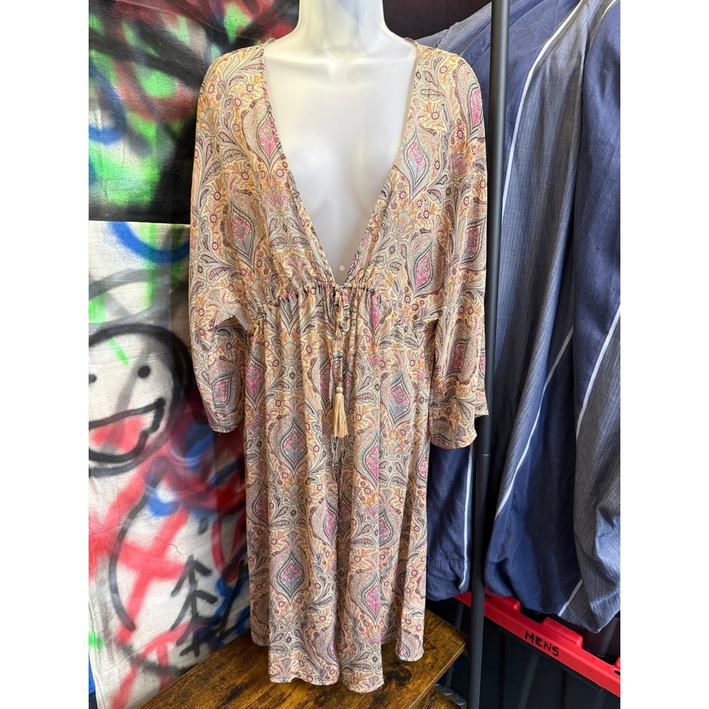 Sandy & Sid New York Pink Paisley V-Neck Tassel Kimono Small Sheer Cover Up BOHO
